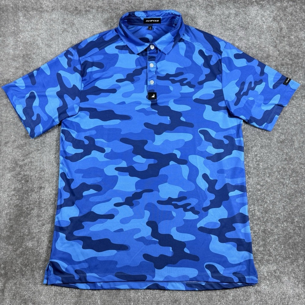 Surfcuz Polo Shirt‎ Men's Medium Blue Camo Short Sleeve Performance Golf Outdoor
